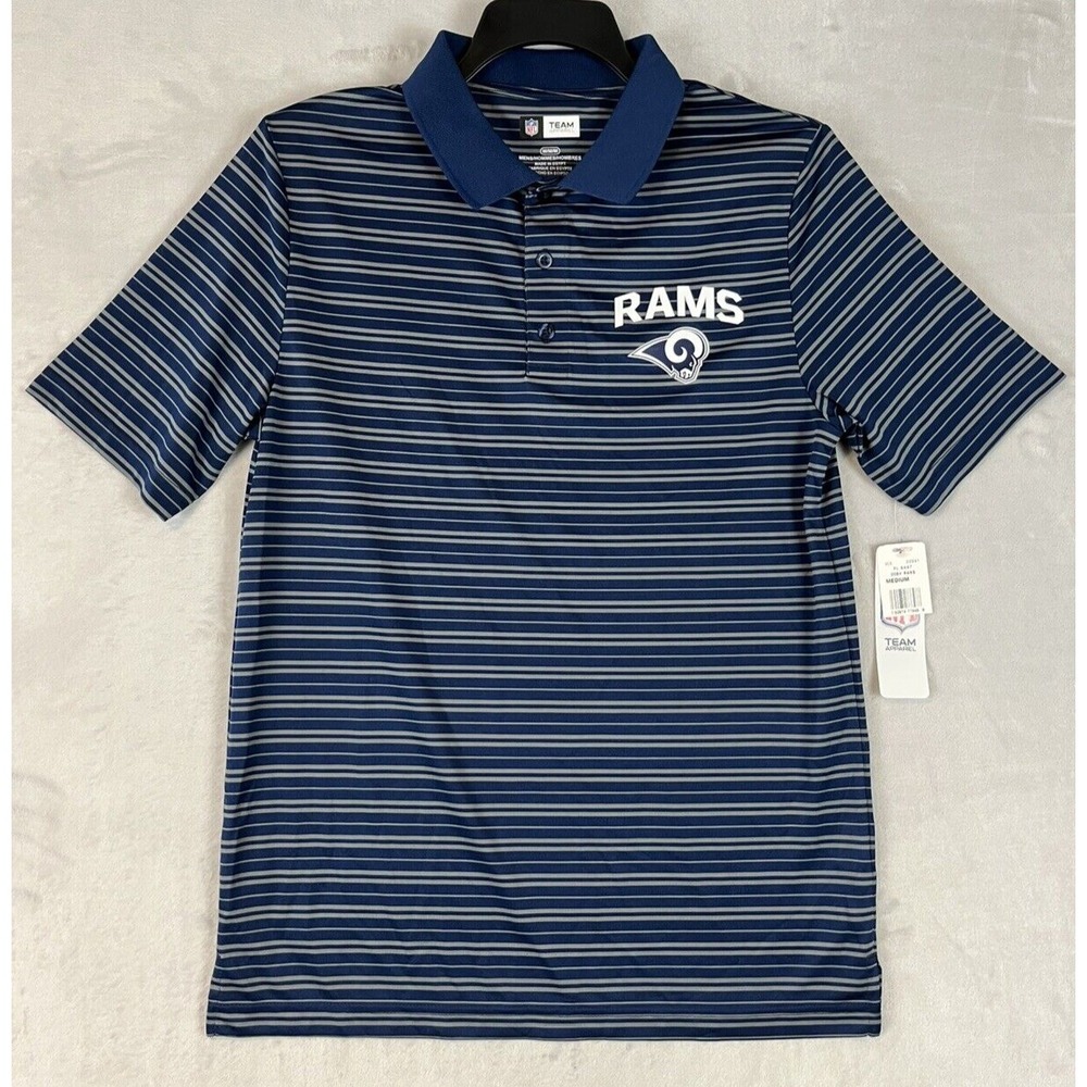 NFL Team Apparel Polo Shirt Mens Medium Navy Gray Rams Striped Short Sleeve NWT